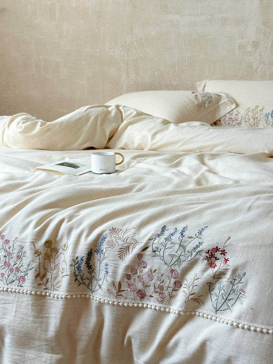 French Vintage Floral Embroidered Cotton Linen Duvet Cover 4 pieces Set