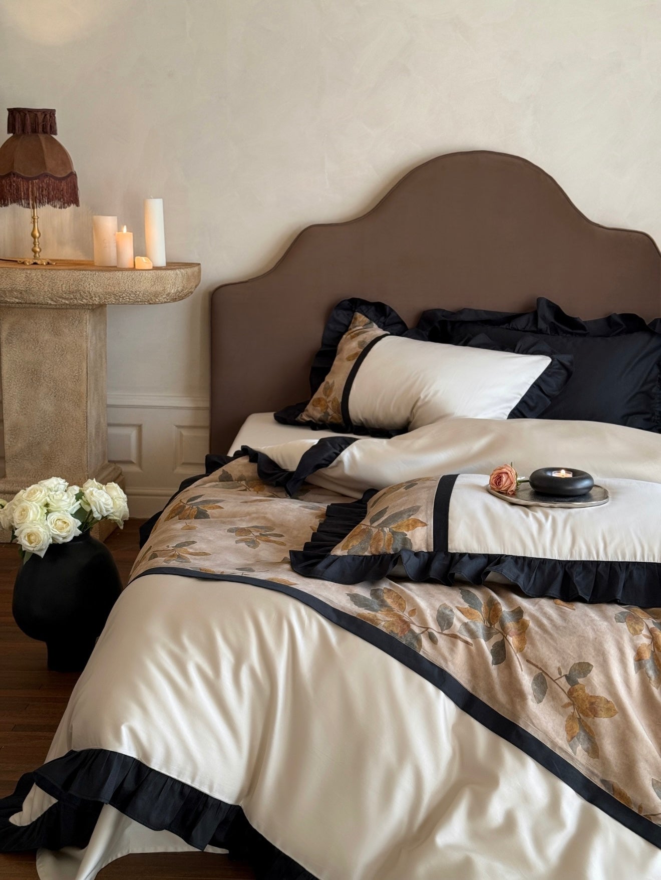 Autumn-Inspired Ruffle Trim Leaf Pattern Cotton Duvet Cover Set