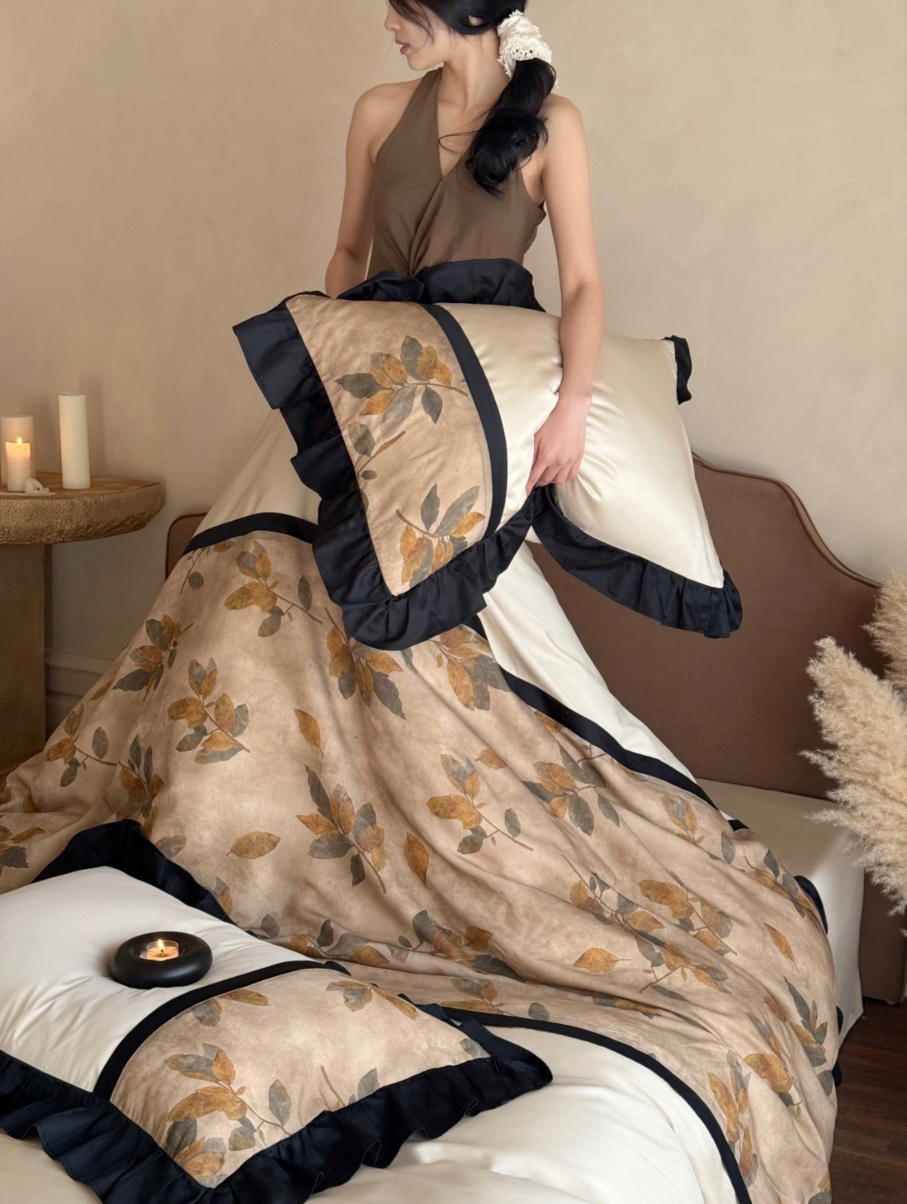 Autumn-Inspired Ruffle Trim Leaf Pattern Cotton Duvet Cover Set