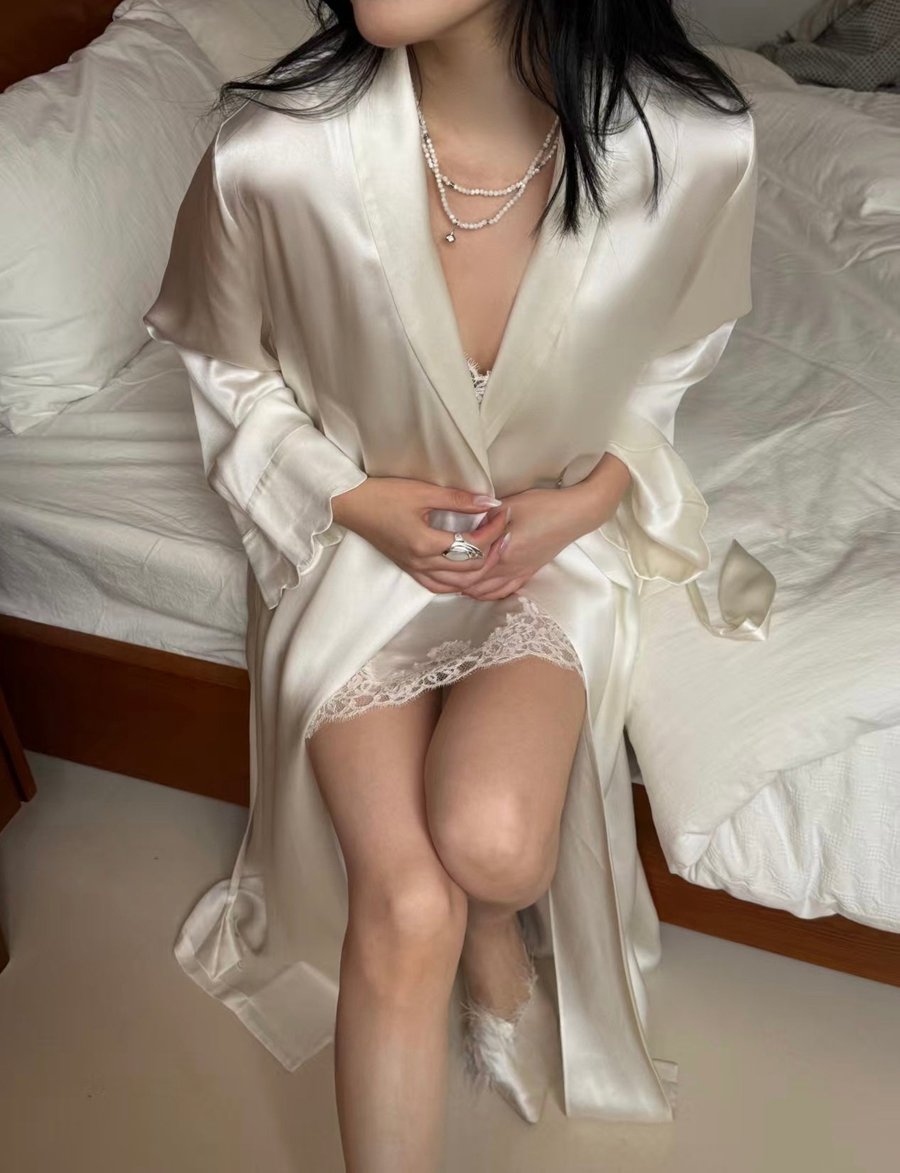Hollow Lace Silk Robe