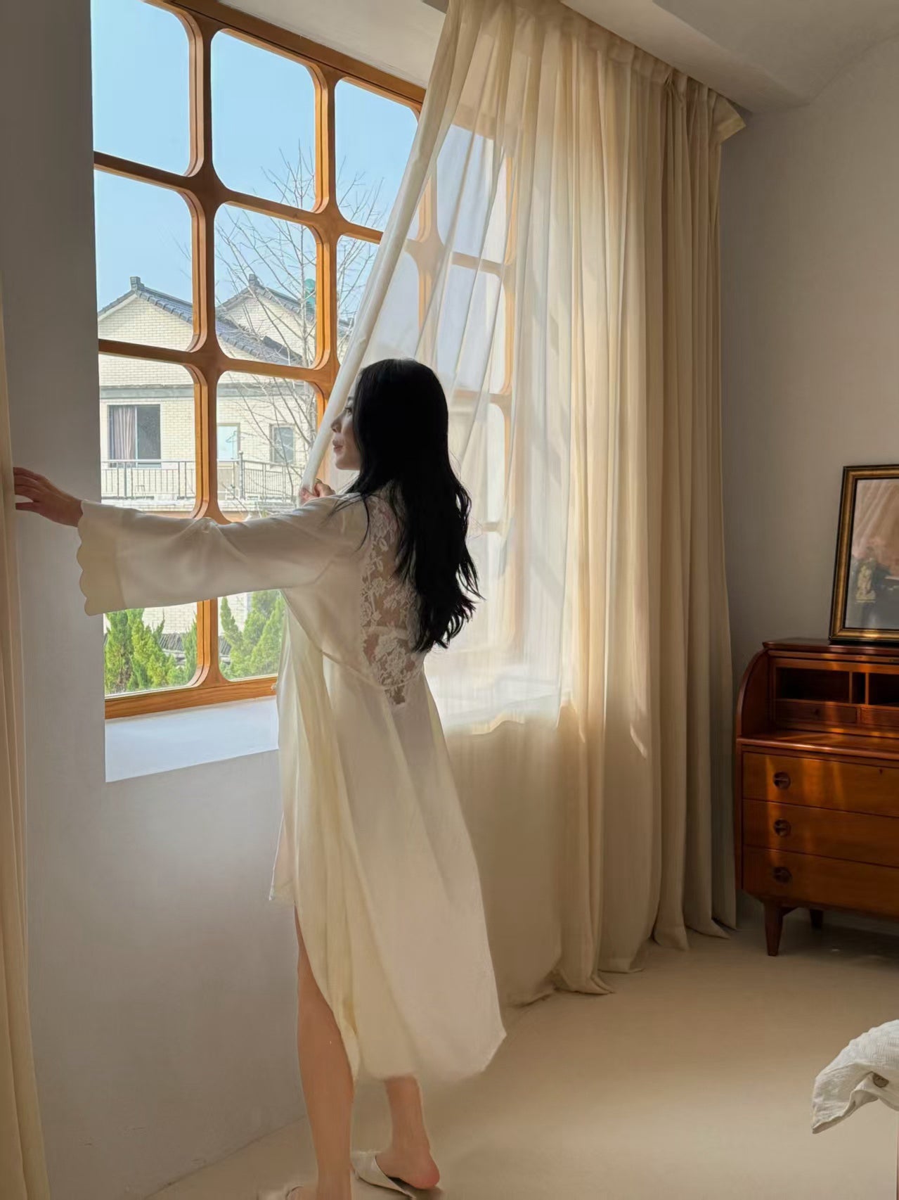 Hollow Lace Silk Robe