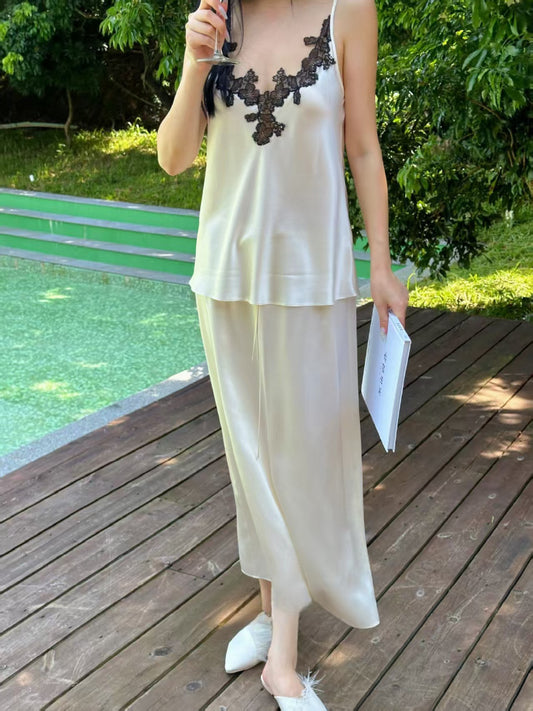 Black Lace Silk Camisole and Slip Skirt Set