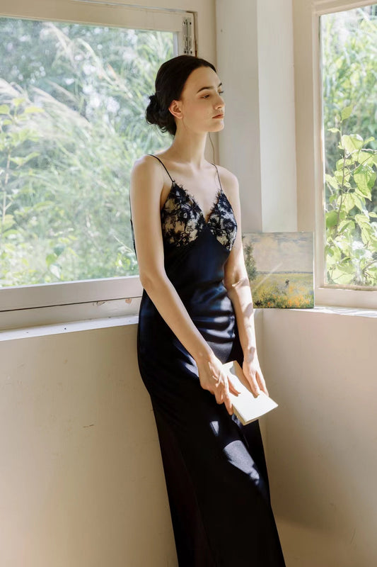 Black Silk Dress Lace Nightgown