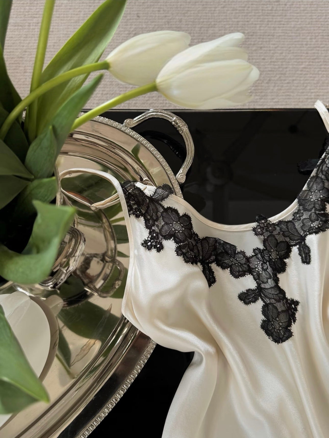 Black Lace Silk Camisole and Slip Skirt Set